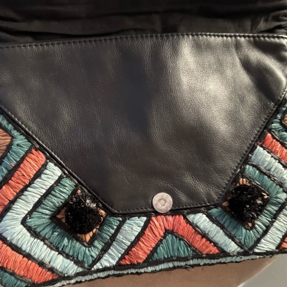 Anthropologie ibBan Handmade Raffia Leather Crossbody Bag Teal Black Tassel - Picture 12 of 16